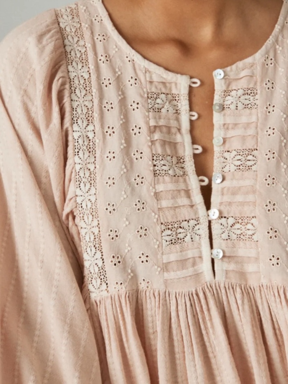 Lucky Brand Lace Yoke Tunic Top Cotton Viscose Peach Whip Medium Cottage Prairie - Picture 5 of 14